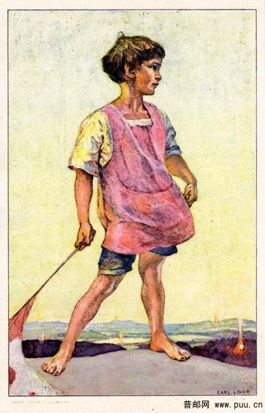 瑞士“国庆节”系列纪念邮资片 打赤脚的小女孩，手里拿着瑞士国旗.jpg.jpg