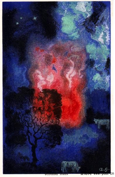 瑞士“国庆节”系列纪念邮资片 绘画《八月的篝火》,熊熊燃烧的篝火，牛、树.jpg.jpg