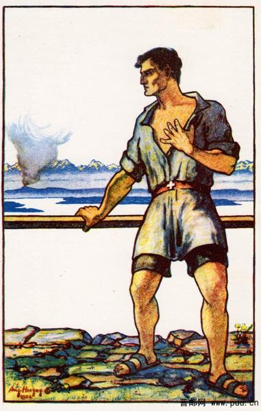 瑞士“国庆节”系列纪念邮资片 绘画《海外瑞士人》,手抚心口远望祖国的瑞士青年，栏杆.jpg