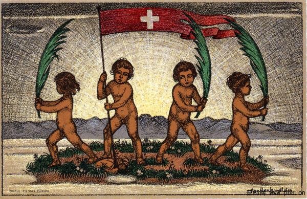 瑞士“国庆节”系列纪念邮资片 绘画《和平之岛》,小天使一般可爱的孩子，在岛上挥舞瑞.jpg