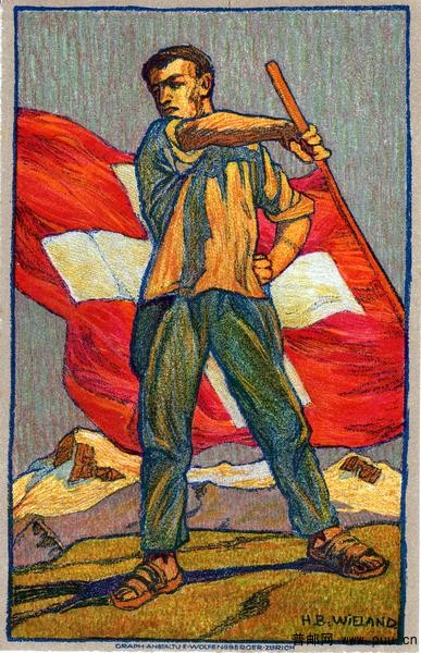 瑞士“国庆节”系列纪念邮资片 绘画《挥舞国旗者》(淡黄色纸),站在高山顶上脚踏凉鞋挥.jpg