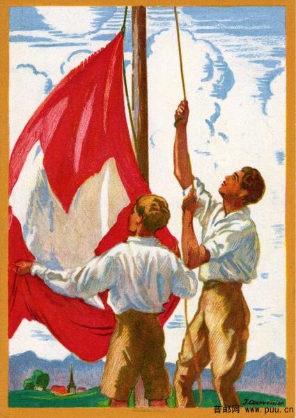 绘画《两个升旗的男孩》