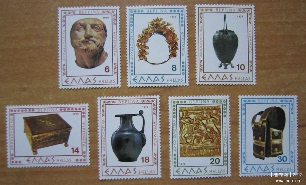 希腊 韦尔吉纳的考古遗址【1979年发行韦尔吉纳考古遗址出土文物：菲利普二世像、金冠.jpg