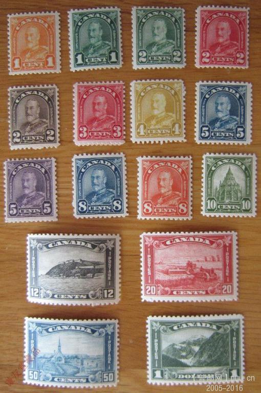 加拿大1930-31年发行普通邮票：乔治五世（11枚）、渥太华议会图书馆、魁北克要塞、收.jpg