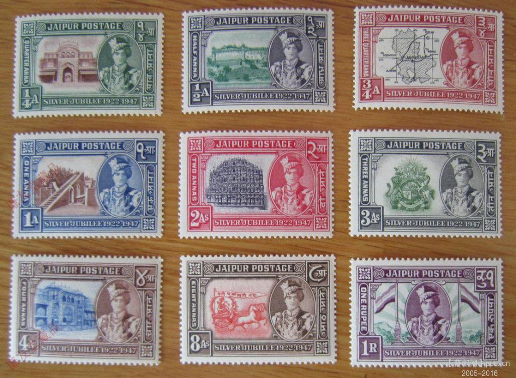 印度斋普尔土邦1947年发行土邦政府统治25周年：皇宫大门、琥珀堡、斋浦尔地图、简塔曼.jpg