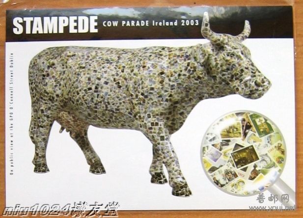 爱尔兰2003年邮票纹身的奶牛及放大镜中的邮票邮资片.JPG