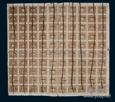 陕西白日徽图1分印花税票加盖“膚施县政府”一百枚全张编号：6429估 价 RMB 6,000-7,000  ...