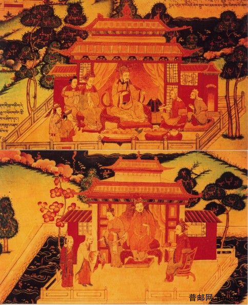 向唐王献上礼品，使臣用丝线穿过了九曲松耳宝石，得到唐王的赞许