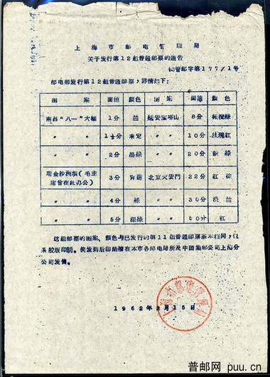 上海市邮政局关于发行第12组普通邮票的通知盖上海邮电局公章.jpg